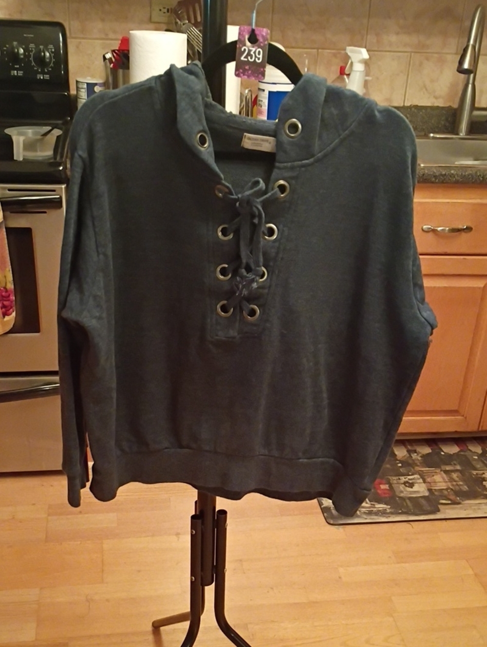 Ocean Drive Lace-Up Hooded Crewneck Sweater in Navy Blue